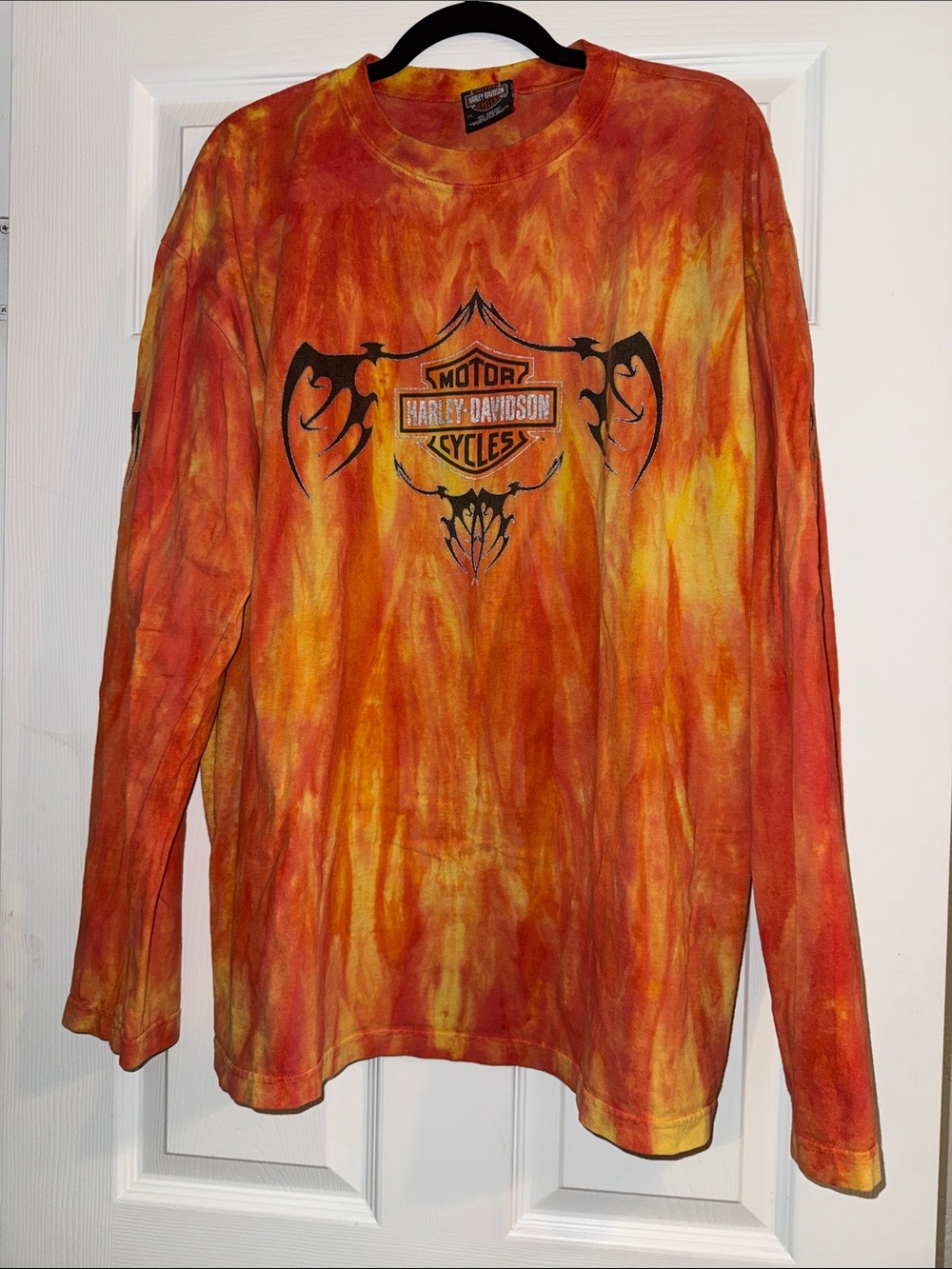 Harley-Davidson Long Sleeve Tie-Dye Flame Tee in Orange and Yellow